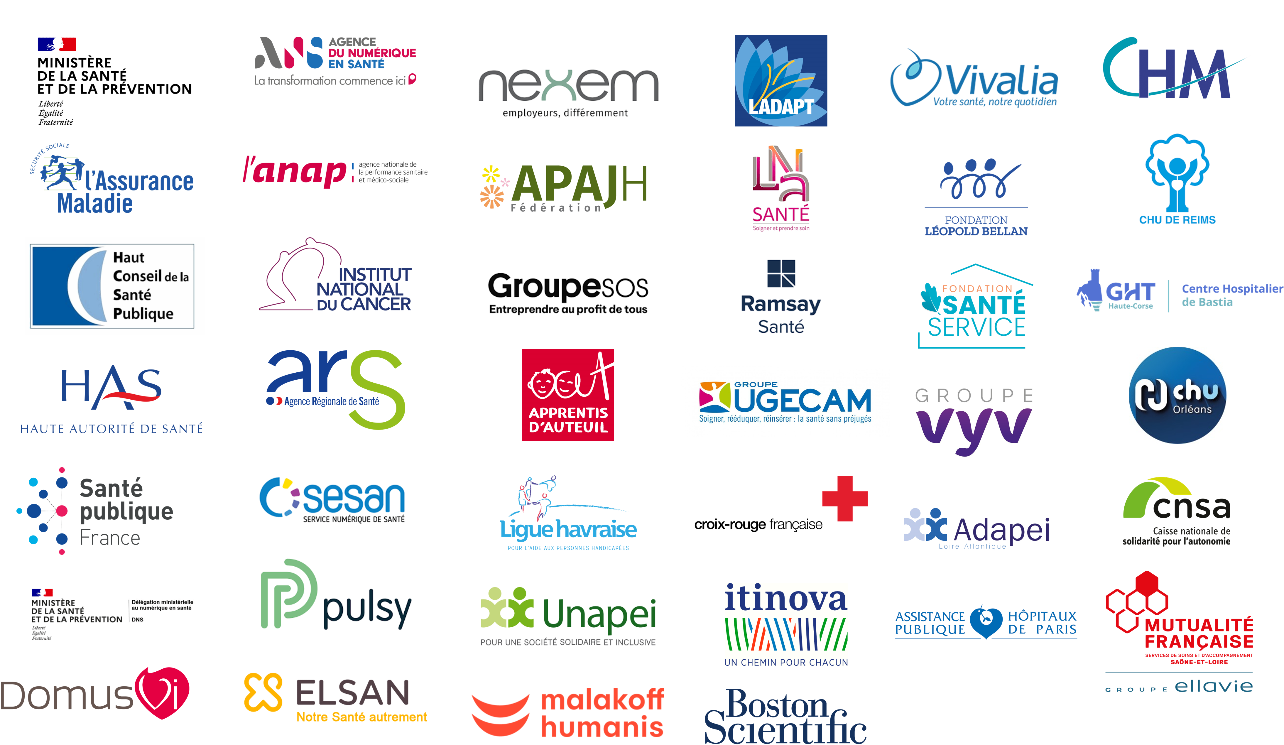 Logos des r&eacute;f&eacute;rences clients de Forvis Mazars dans le secteur de la sant&eacute; : Minist&egrave;re de la Sant&eacute;, Assurance Maladie, CHU de Reims, Ramsay Sant&eacute; et autres