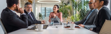 A group of professional people in an office setting talking