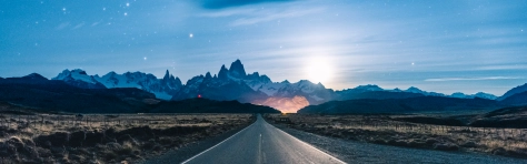 road, mountain, sunset, moonlight