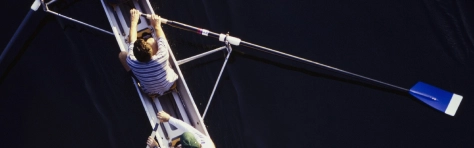 Overhead view of men rowing scull boat during competition in Seattle, sport, Challenge, Team