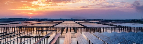 An aerial photo of solar panels at sunset
