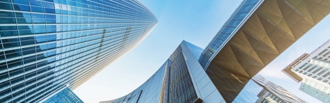 Modern Futuristic Architecture, Skyscrapers in downtown Seoul from below against blue summer sky. Sincheon-dong, Songpa-Gu, Greater Gangnam District, Seoul, South Korea, Asia.