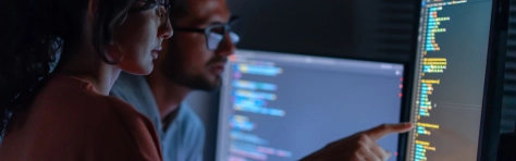 Two colleagues looking at cyber security software on a computer