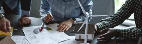 modellino pala eolica su un tavolo con altri fogli e persone che discutono