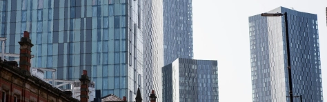 Manchester Beetham Tower, Deansgate. Modern UK city with historical red brick building in the foreground.