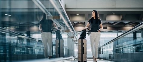 Asian, woman, walking, travelling, suitcase, country, airport