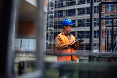 Woman working on construction site with safety gear