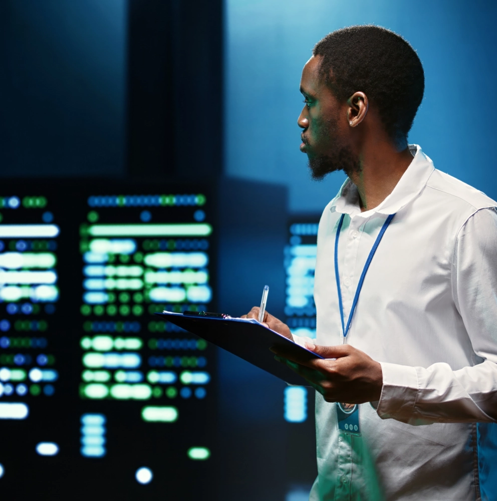 IT professional reviewing server infrastructure in a data centre, representing cybersecurity compliance, regulatory monitoring and risk management support.