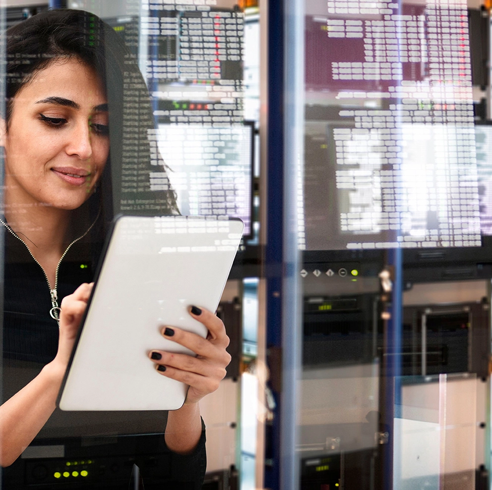 Expert assessing data privacy, AI risk and cybersecurity controls in a secure digital infrastructure environment.