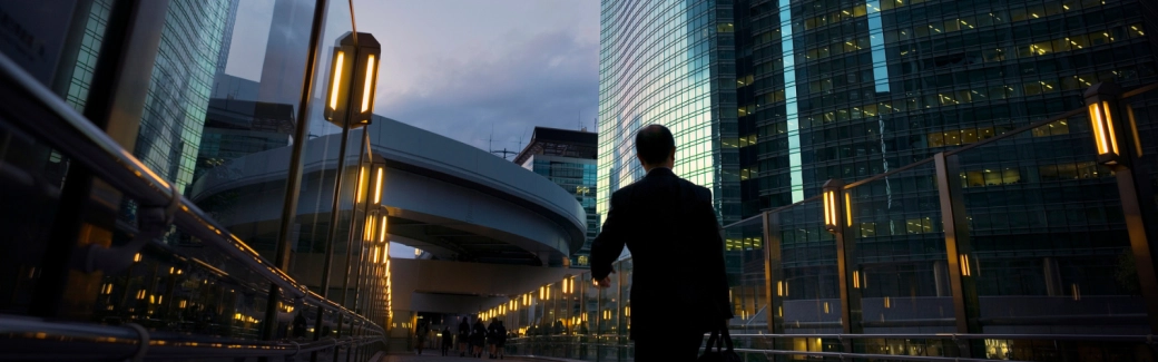 City scape, businessperson, dusk