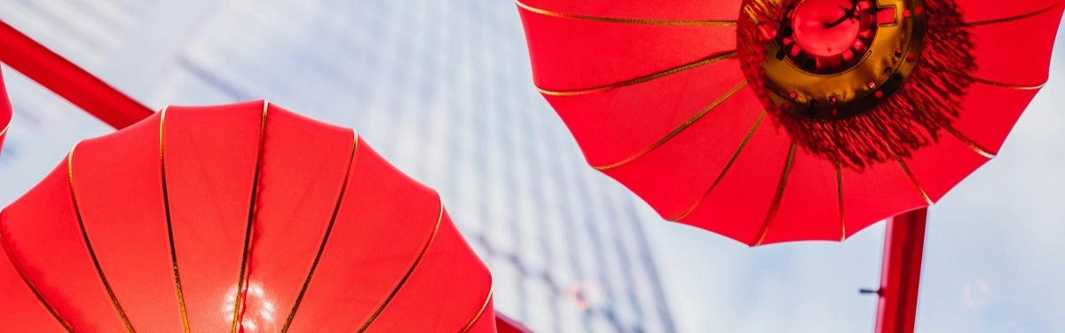 lanterne rosse cinesi appese con nello sfondo un palazzo