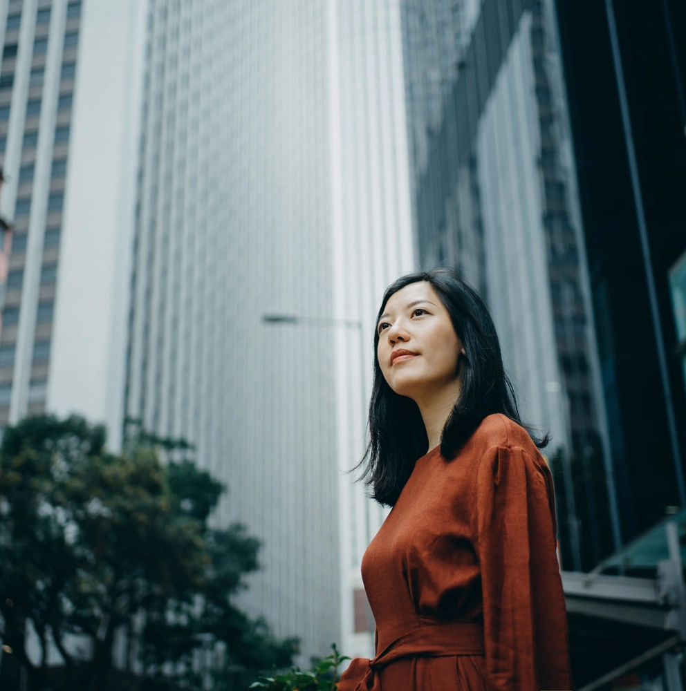 Woman, building